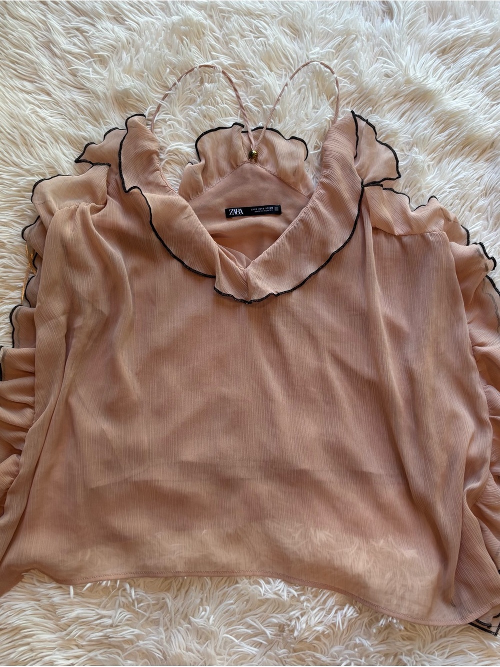 Zara Blush Pink Ruffle Sheer Blouse with Black Trim
